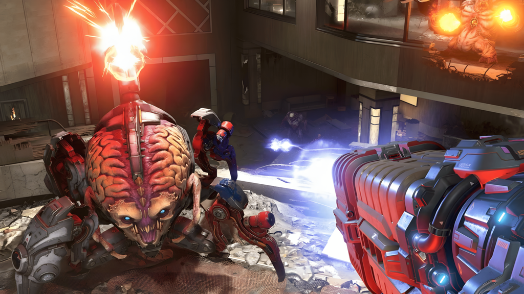 DOOM 2016 — легендарный шутер от первого лица, логотип игры на чёрном фоне