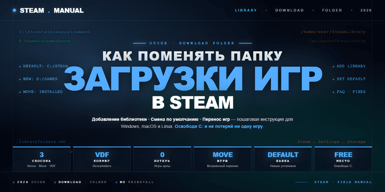 Как поменять папку загрузки игр в Steam